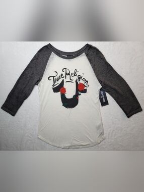 NWT True Religion Women's Rustic Horseshoe Raglan Top XS 3/4 Sleeve Gray & White